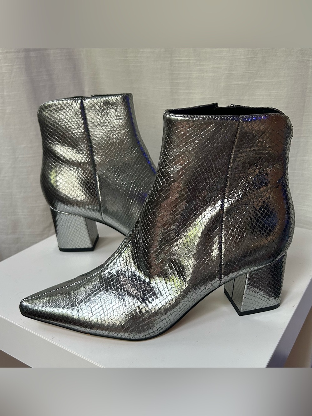 Marc Fisher Metallic Silver Snakeskin Textured Block Heel Ankle Booties